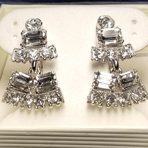 Vintage Bogoff Art Deco Clear Rhinestone Geometric Dangle "Wedding" Earrings - Picture 1 of 8